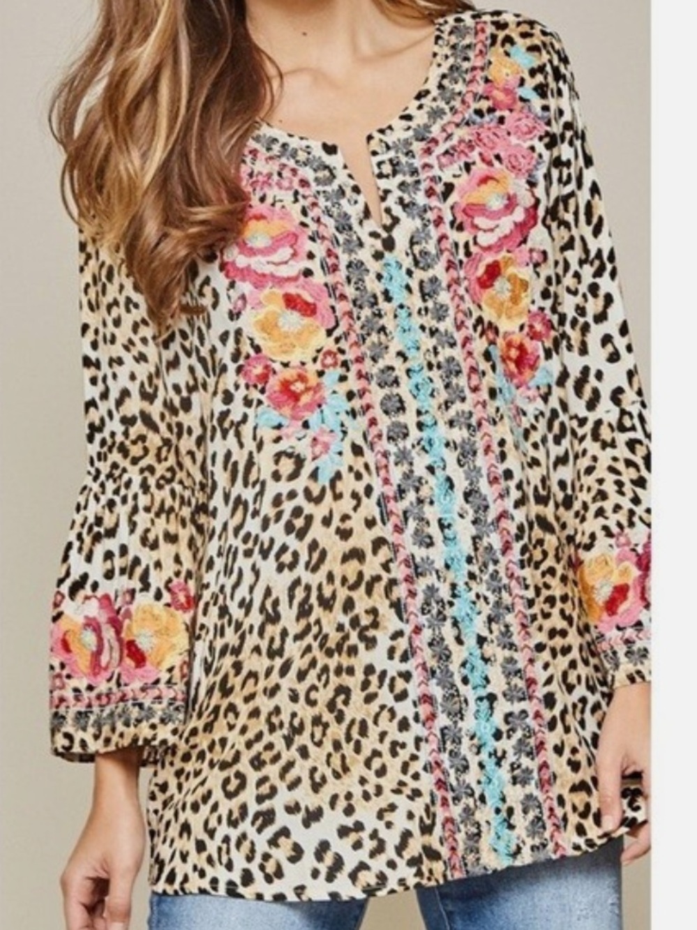 SAVANNA JANE Floral Embroidered Leopard Bell Sleeve Tunic Top - Large - Picture 2 of 10